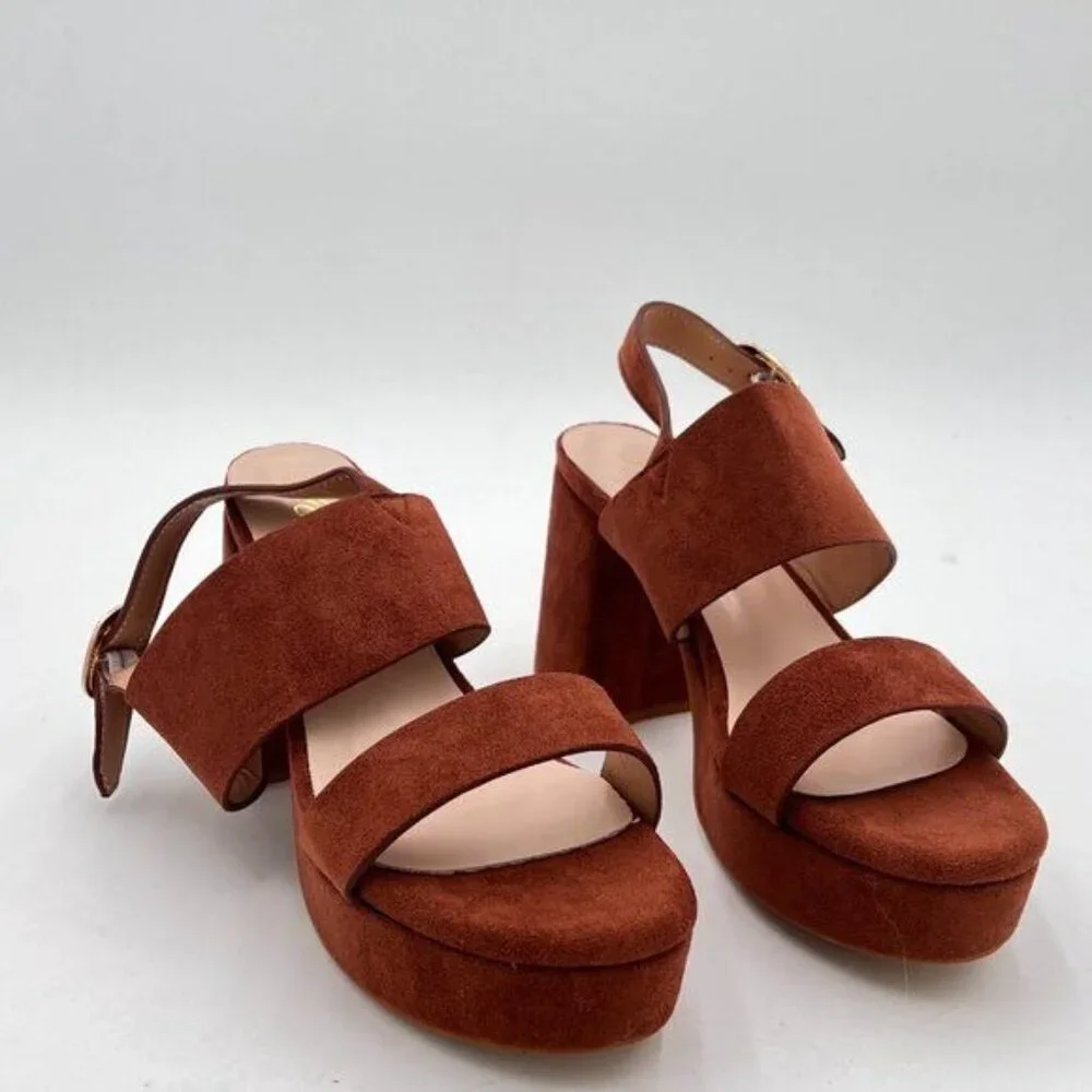 FOWT Brown Open Toe Platfrom Chunky Heel Slingbacks Buckle Wide Band Sandals - Picture 4 of 8